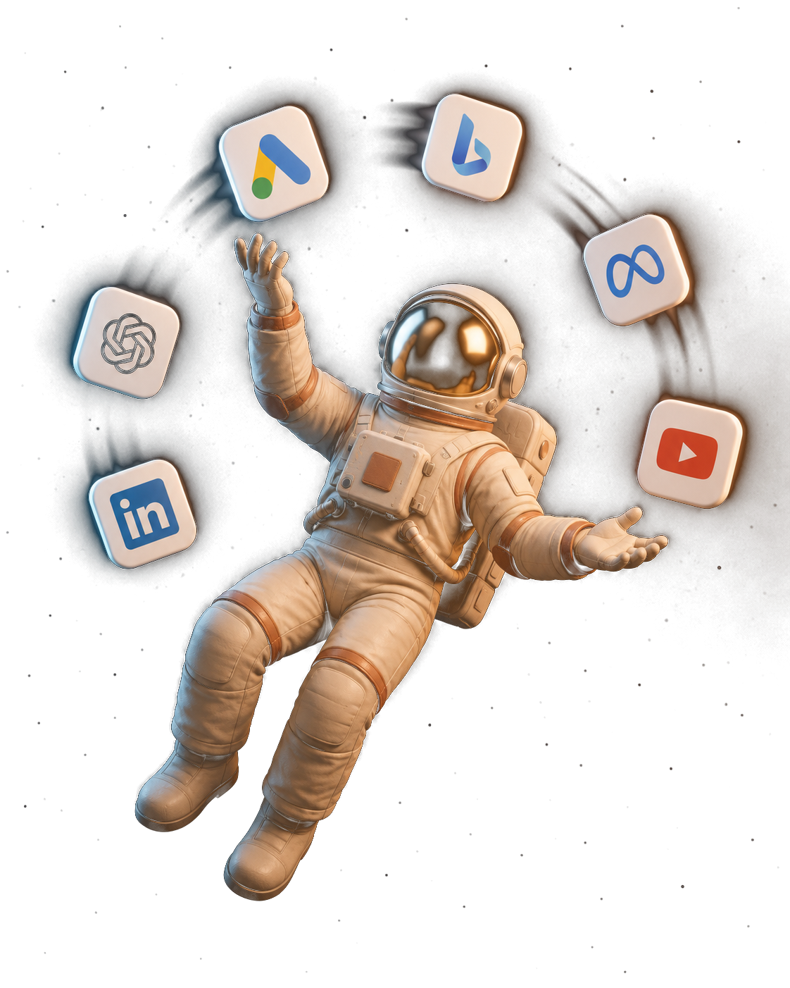 Astronaute EXPLORE jonglant avec les logos Google Ads, Microsoft Ads, Meta, YouTube, LinkedIn et ChatGPT (OpenAI Ads)