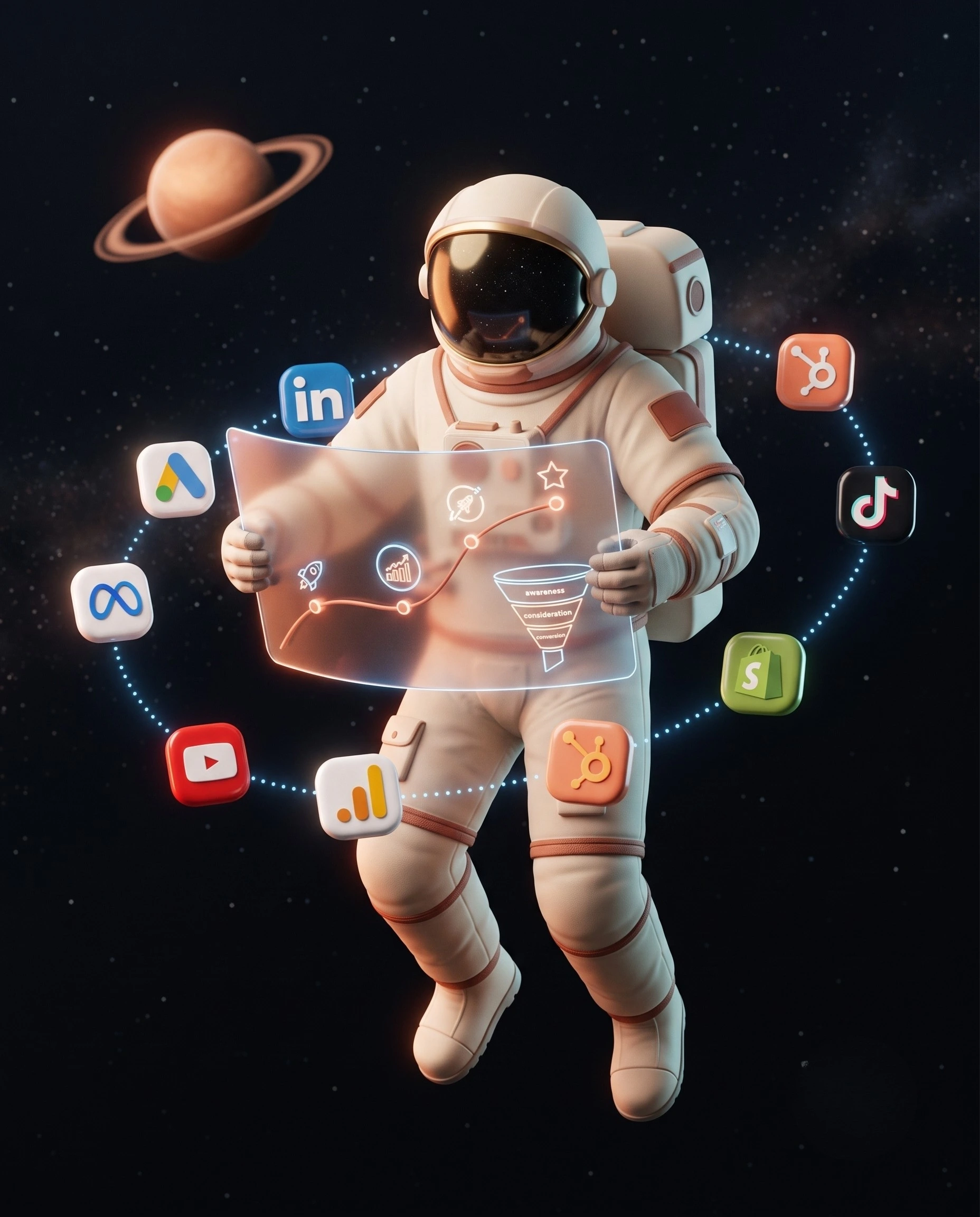 Astronaute EXPLORE traçant une stratégie marketing sur une interface holographique
